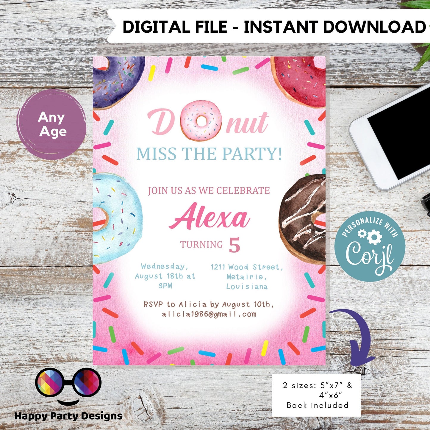 Editable Donut Miss the party! Birthday Invitation | Girl Invitation | Donut Birthday invitations | Cute Donut Birthday Invitation