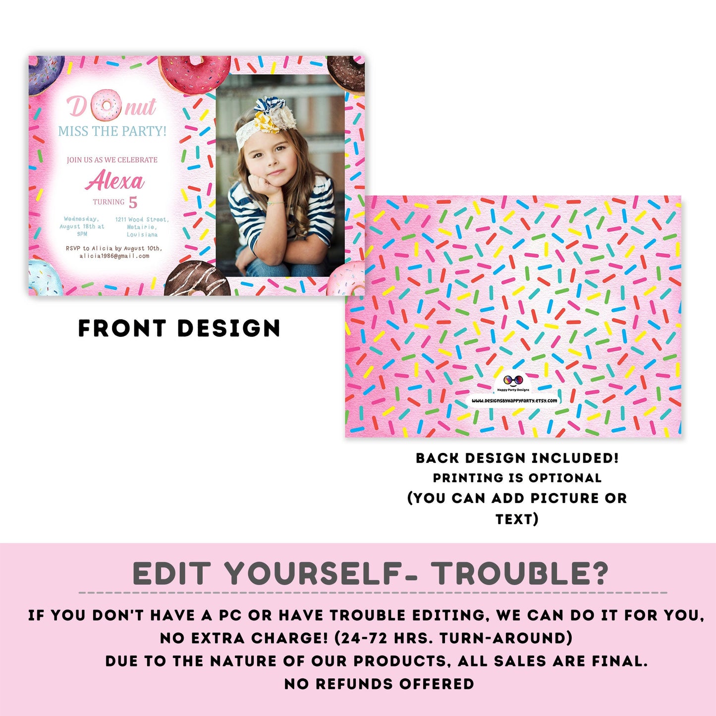 Editable Donut Miss the party! with picture Birthday Invitation | Girl invite | Donut Birthday invitations | Cute Donut Birthday Invitation