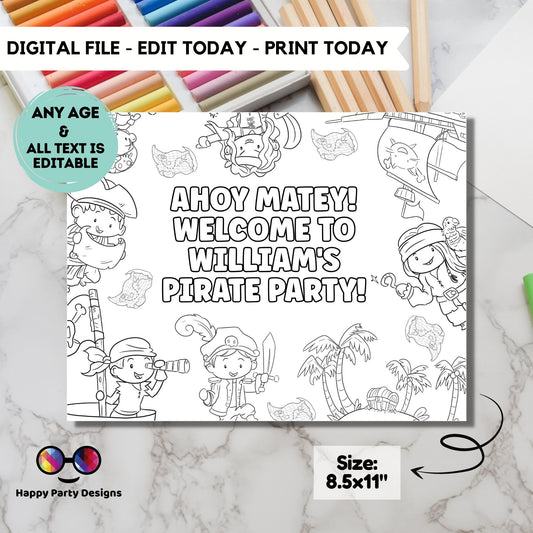 Editable Pirate coloring page | Birthday coloring page | Placemat | Pirate birthday Party | Pirate Birthday Party Activity #K108