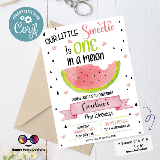 Editable ONE in a melon Birthday Invitation | Girl Invitation | Watermelon Birthday invitations | Cute Watermelon Birthday Invitation
