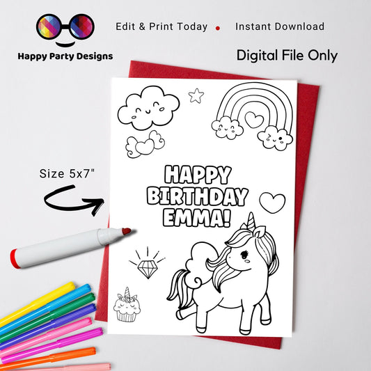 Editable Unicorn birthday card | card to color | Coloring greeting card | Unicorn Birthday | Unicorn Digital File | Instant Download