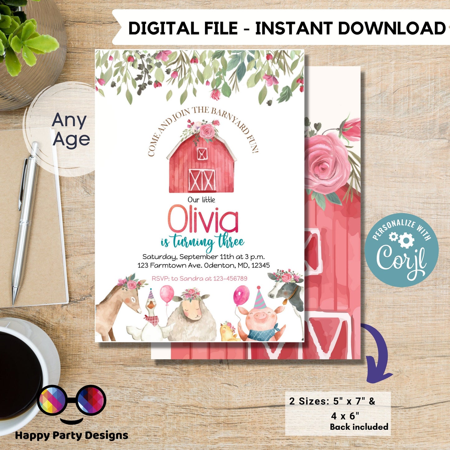 Editable Farm Birthday Invitation Girl |  Farm Animals Pink Floral Barnyard | Party Download Printable Invitation Template