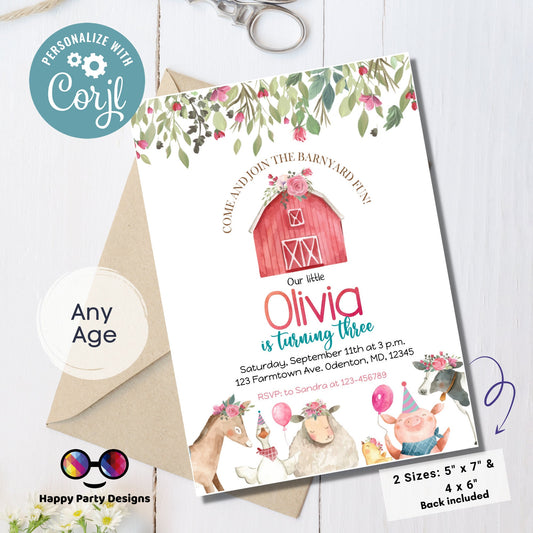 Editable Farm Birthday Invitation Girl |  Farm Animals Pink Floral Barnyard | Party Download Printable Invitation Template