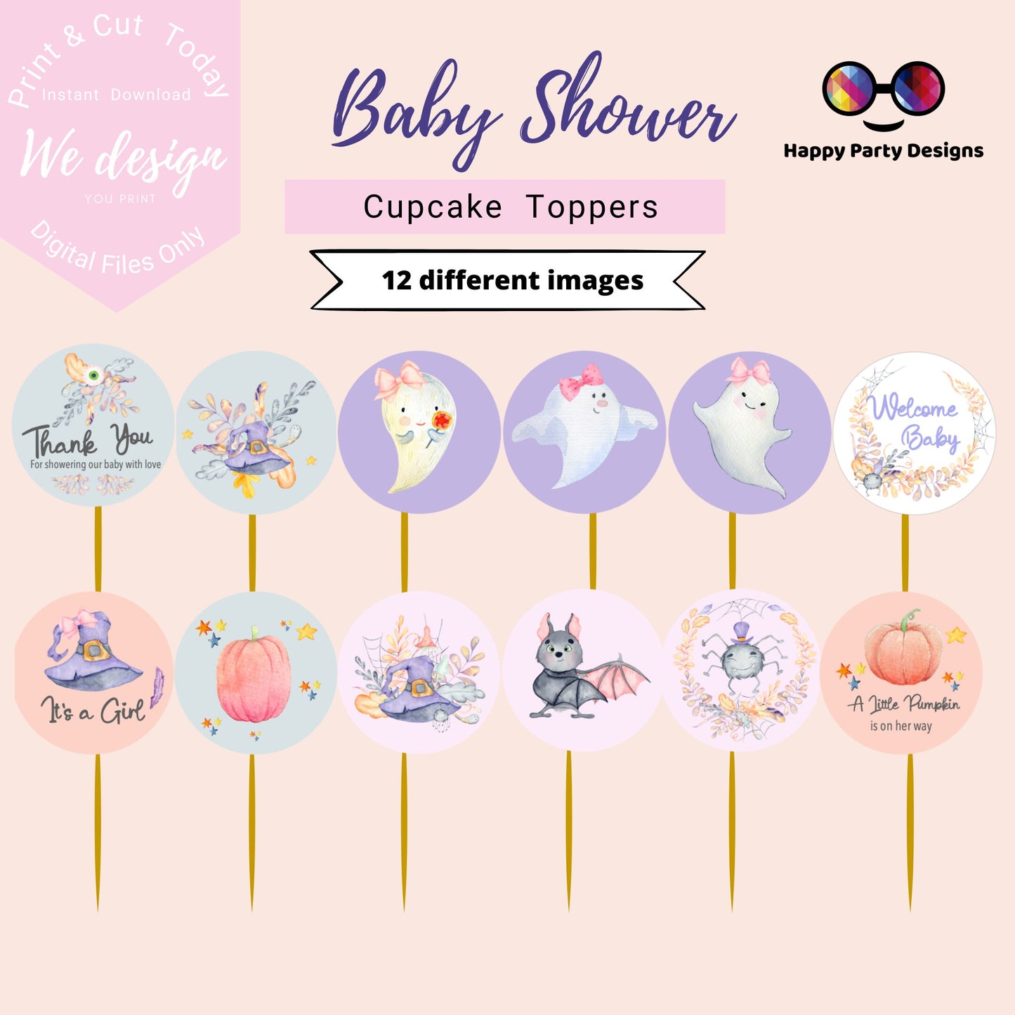 Baby Shower Cupcake toppers | Halloween Baby Shower Party Decoration | Cupcake Toppers | Instant Download | Digital