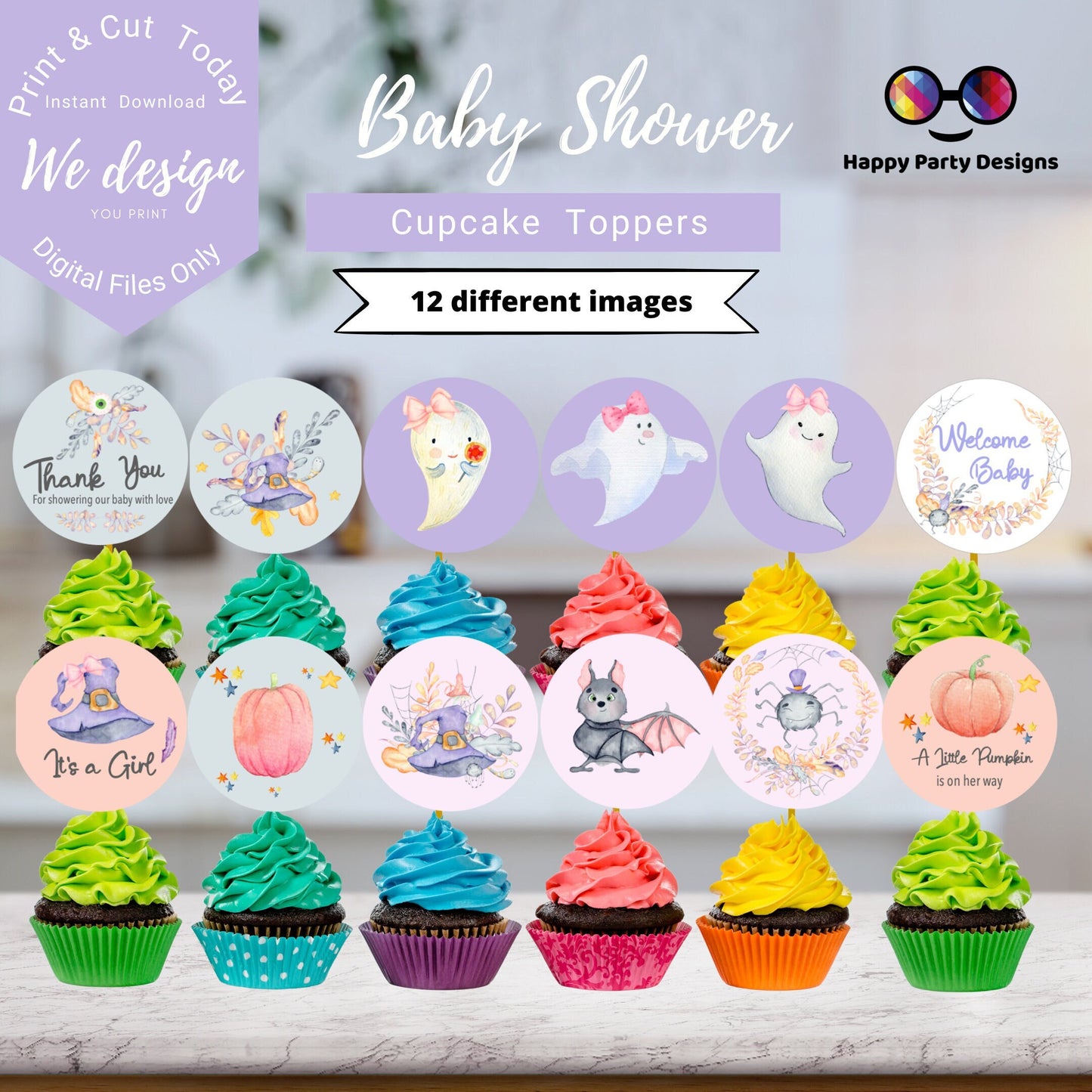 Baby Shower Cupcake toppers | Halloween Baby Shower Party Decoration | Cupcake Toppers | Instant Download | Digital