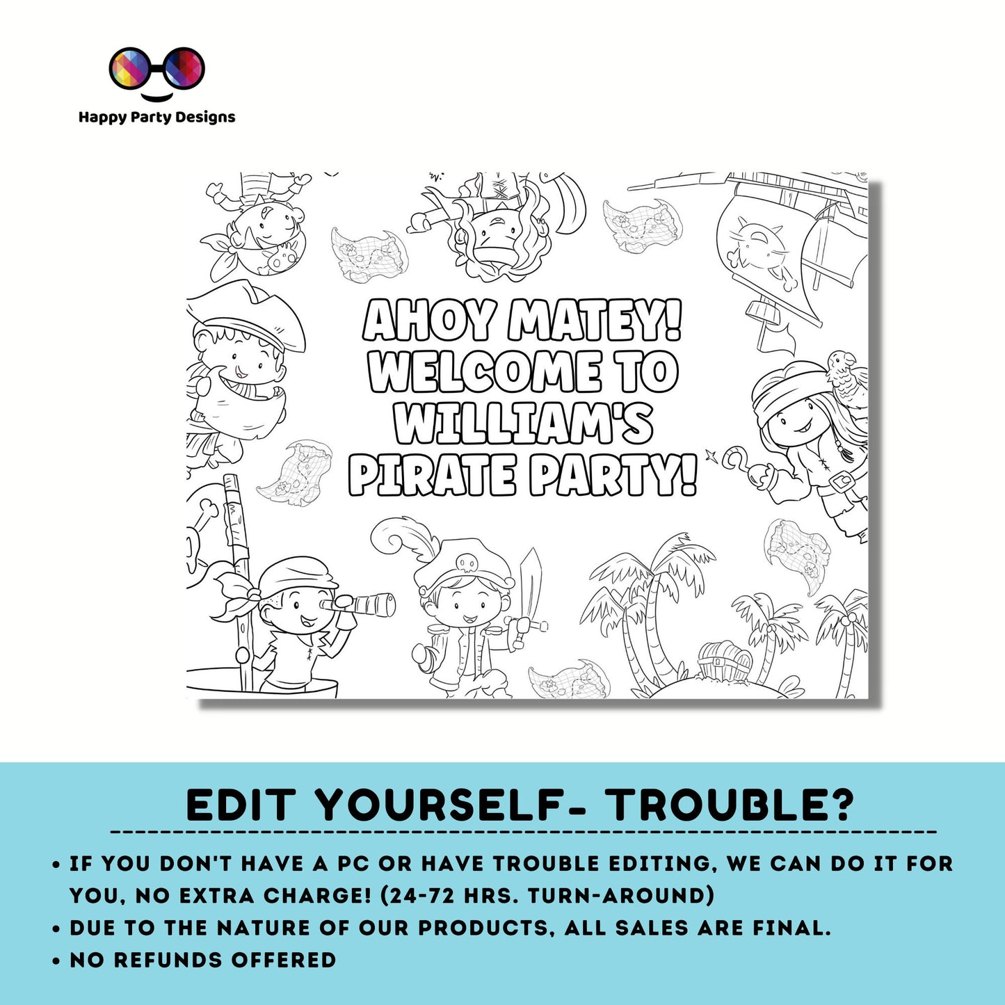 Editable Pirate coloring page | Birthday coloring page | Placemat | Pirate birthday Party | Pirate Birthday Party Activity #K108