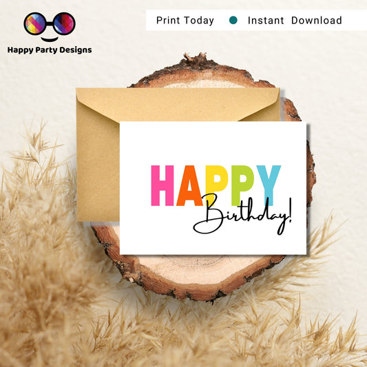 PRINTABLE Happy Birthday greeting card| Birthday Card | Happy Birthday | Instant Download | Rainbow colors | Bold colors | Cheerful