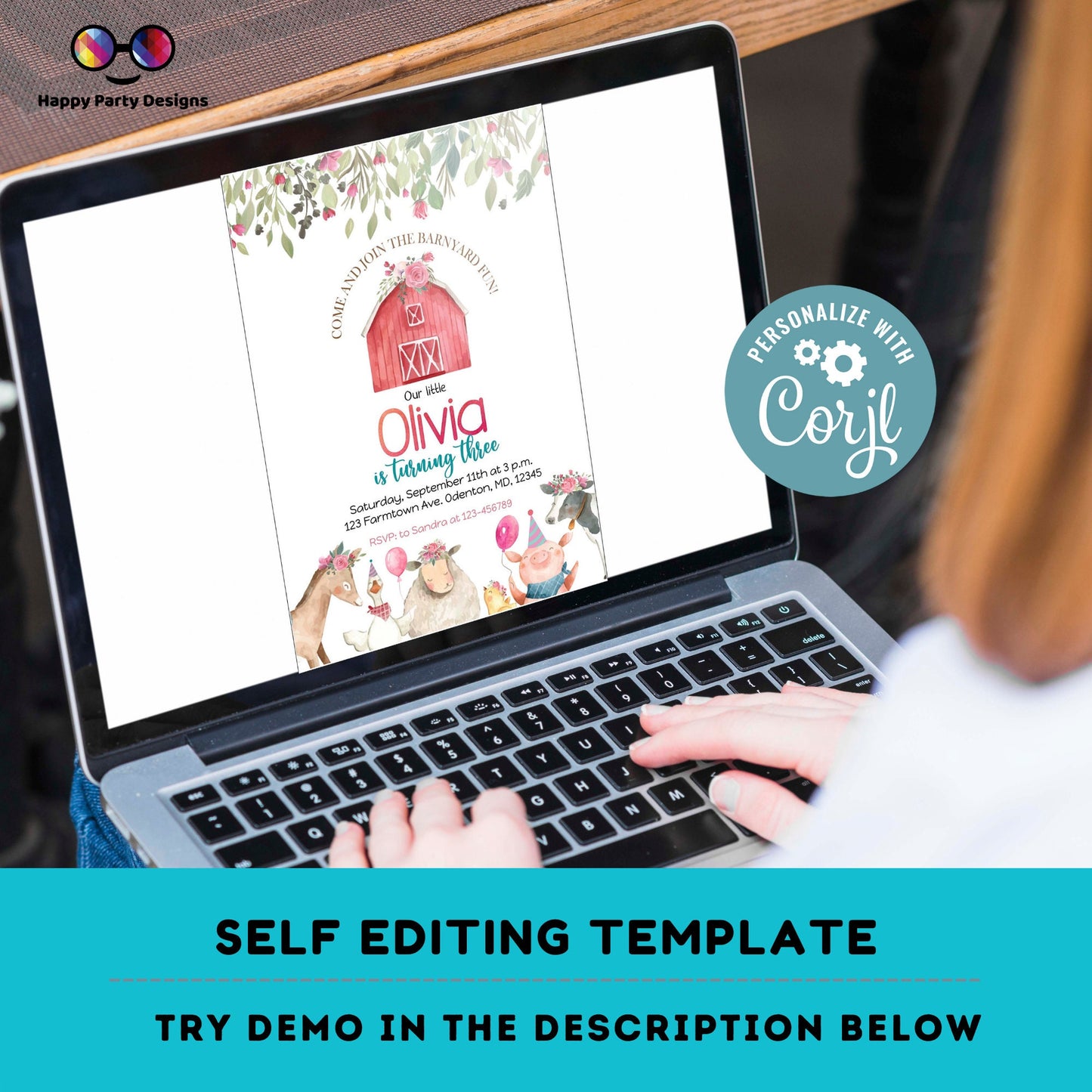 Editable Farm Birthday Invitation Girl |  Farm Animals Pink Floral Barnyard | Party Download Printable Invitation Template