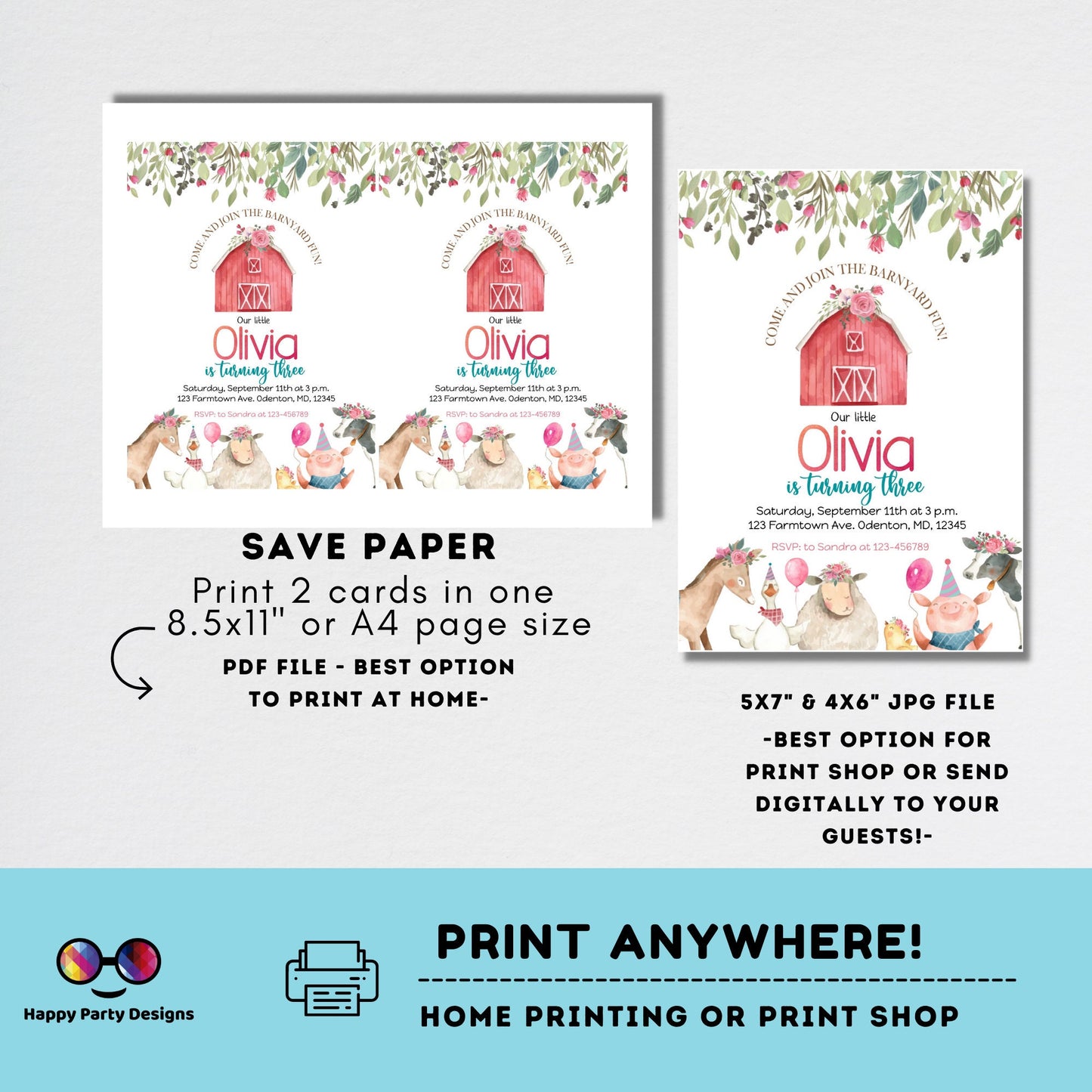Editable Farm Birthday Invitation Girl |  Farm Animals Pink Floral Barnyard | Party Download Printable Invitation Template