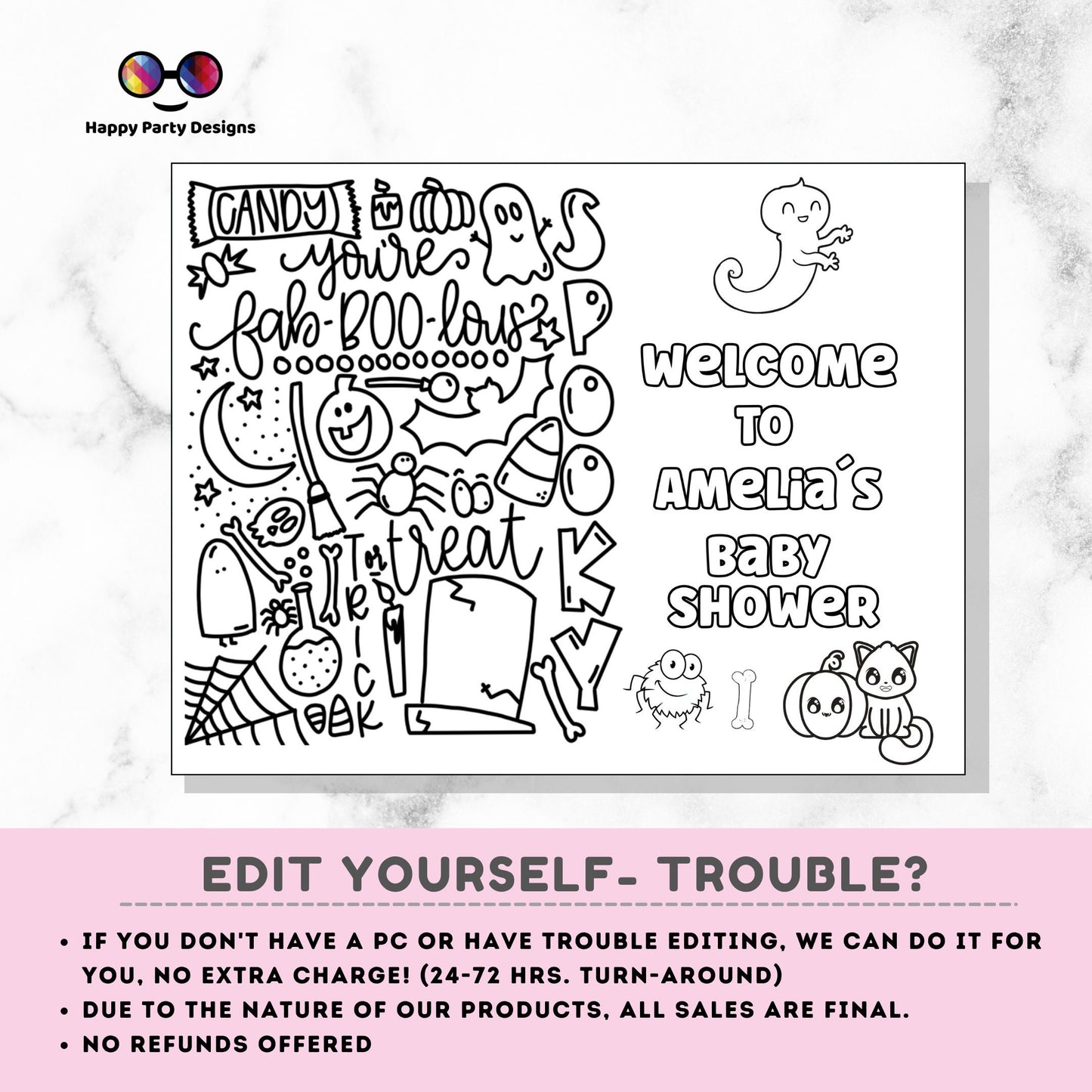 Editable Baby Shower coloring page | Halloween coloring page | Placemat | Halloween Baby Shower | Halloween Party Activity editable