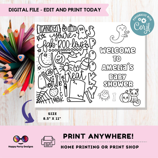 Editable Baby Shower coloring page | Halloween coloring page | Placemat | Halloween Baby Shower | Halloween Party Activity editable