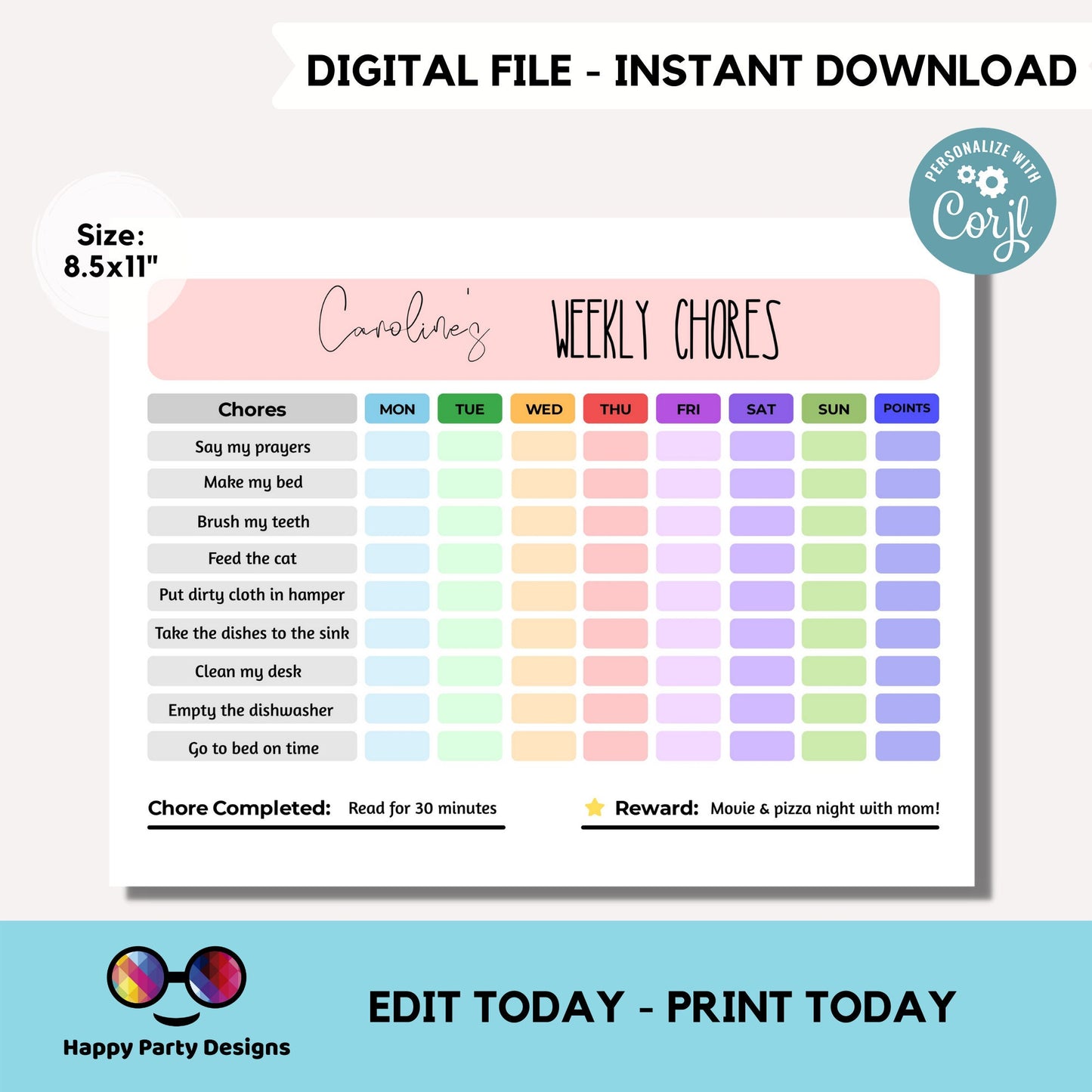 Weekly Daily Chore Chart for Kids | Responsibility Chart Homeschool | My Responsibilities | Personalized Planner | Printable Editable PDF