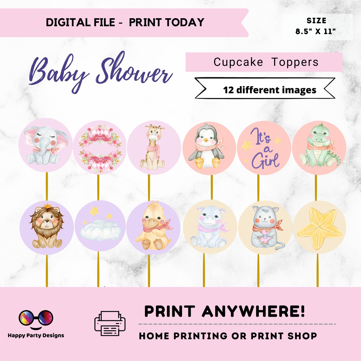 Jungle animals pink Cupcake toppers | Baby Shower | Cupcake Toppers | Instant Download | Digital | Baby Shower Girl | Safari animals pink