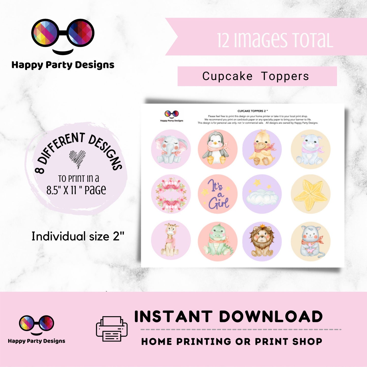 Jungle animals pink Cupcake toppers | Baby Shower | Cupcake Toppers | Instant Download | Digital | Baby Shower Girl | Safari animals pink