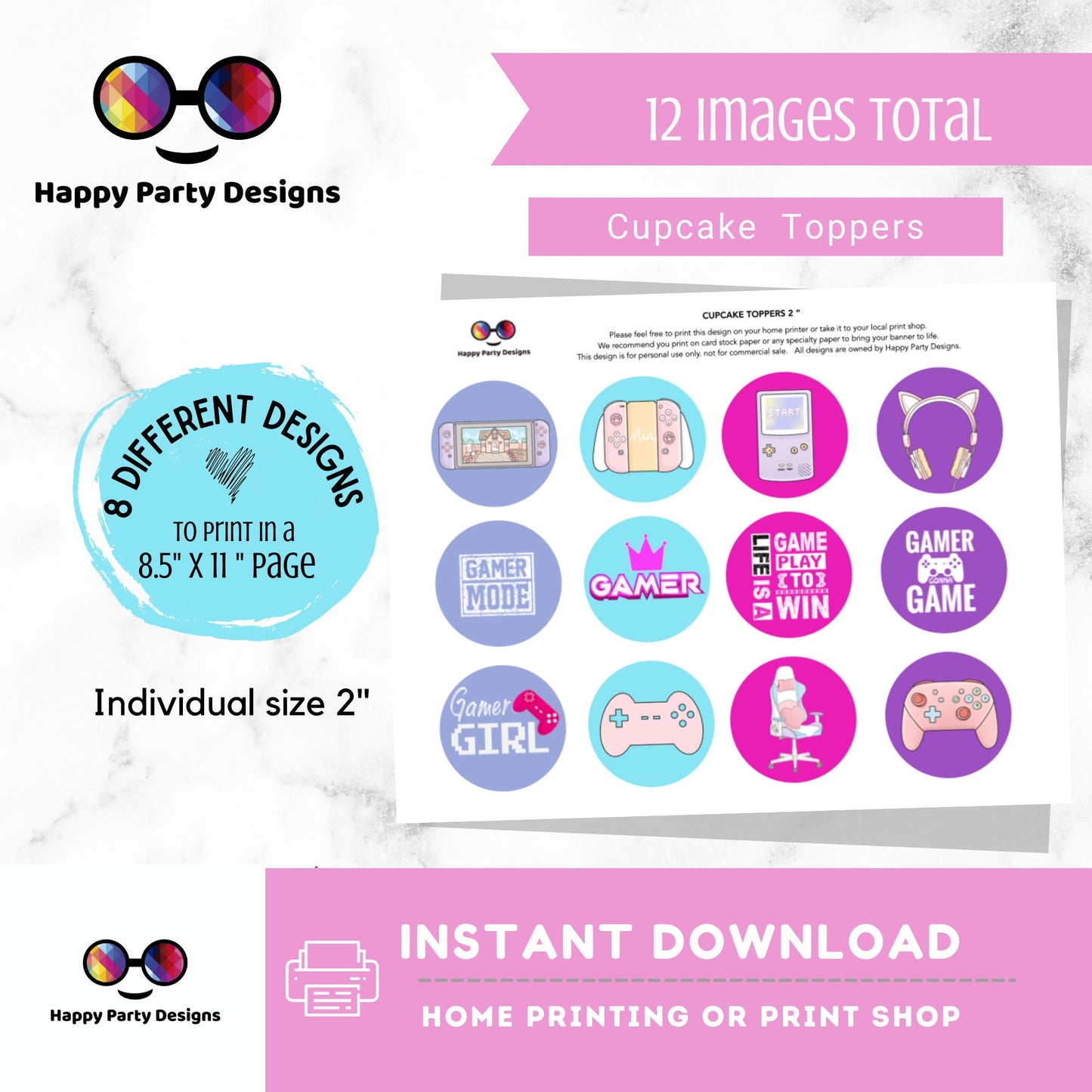 Video Gamer Cupcake toppers | Neon Video Gamer Birthday  | Cupcake Toppers | Instant Download | Digital | Gamer Birthday Party | Pink Gamer