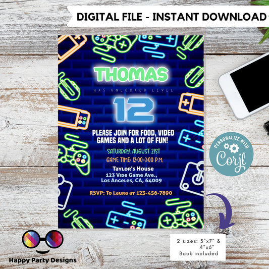 Editable video gamer invitation | Digital neon video gamer printable invite | Birthday boy | neon Invitation | Personalize Online #K50