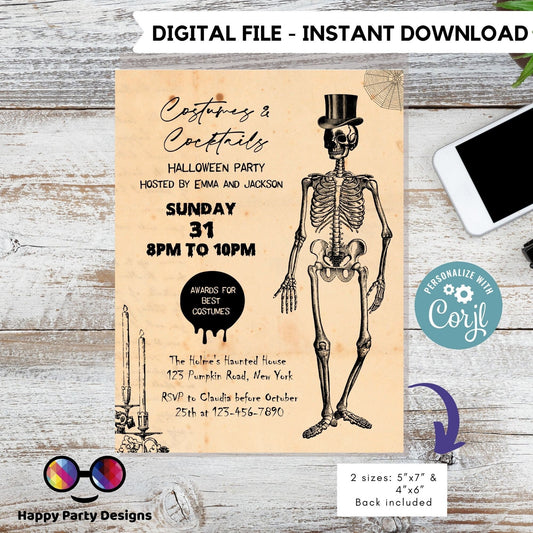 Halloween Party Invitation | Editable Halloween Vintage party Invitation | Costumes and Cocktails Halloween invitation | Instant Download