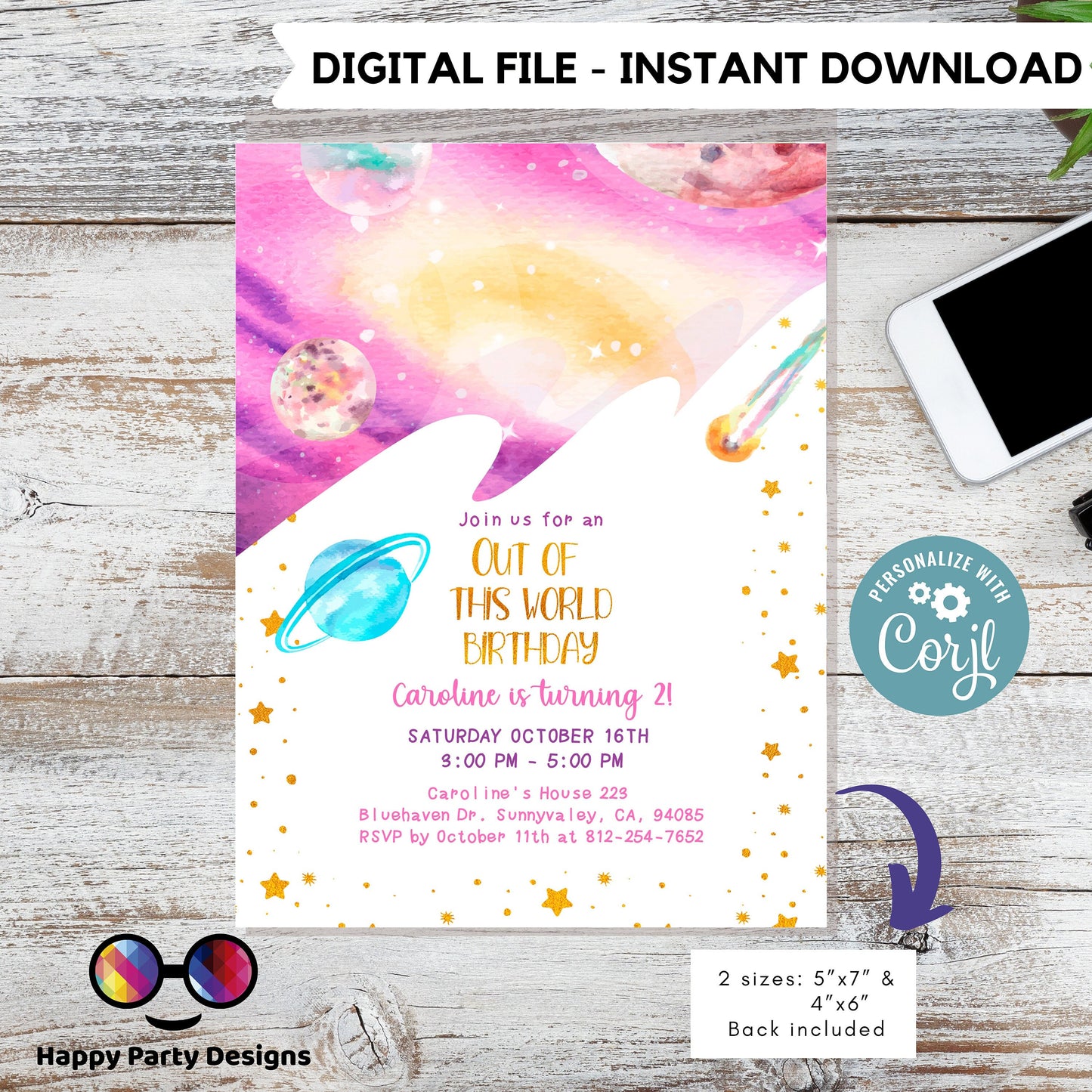 Editable Outer Space Birthday Invitation | Girl Invitation | Pink Birthday invitations | Cute Outer Space  Birthday Invitation #K80