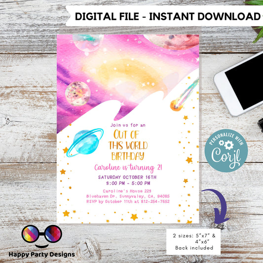 Editable Outer Space Birthday Invitation | Girl Invitation | Pink Birthday invitations | Cute Outer Space  Birthday Invitation #K80