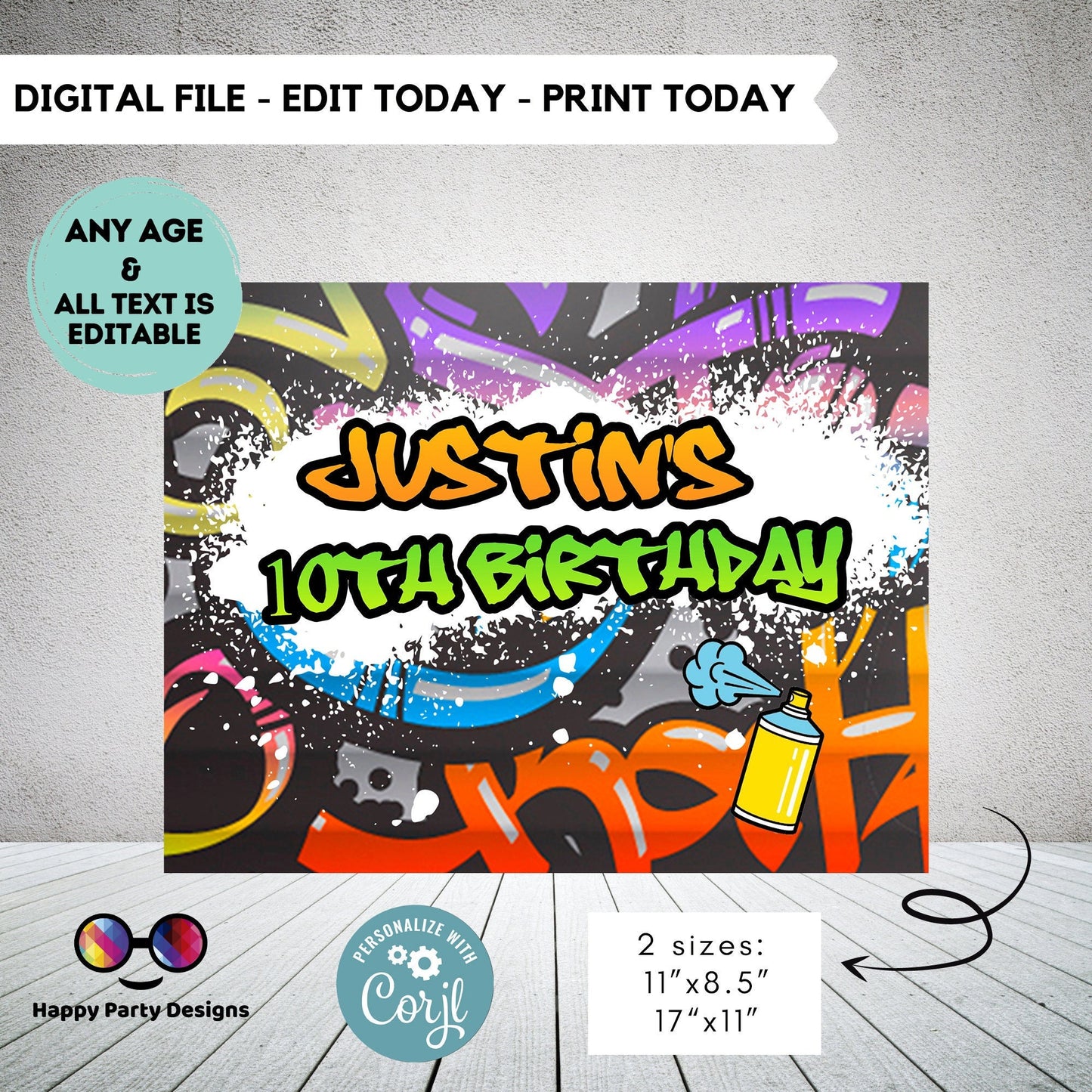Editable Graffiti placemat | Digital graffiti printable placemat  | Birthday boy | Graffiti placemat | Personalize Online #K1