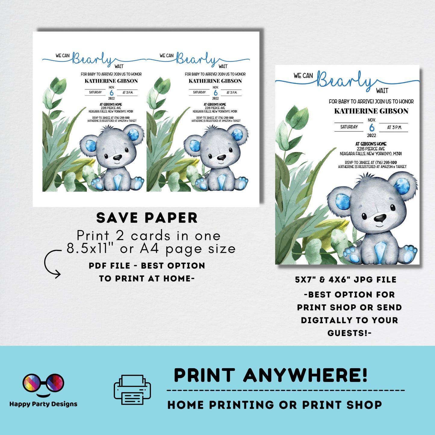 We can bearly wait Baby Shower Invitations | baby boy | watercolor | Cute bear | Edit Yourself & Instant Download with Corjl!