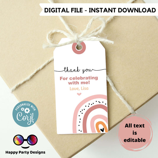 Editable Boho rainbow Thank you tag | Digital rainbow printable thank you tag  | Birthday | baby shower Thank You tag | Personalize Online