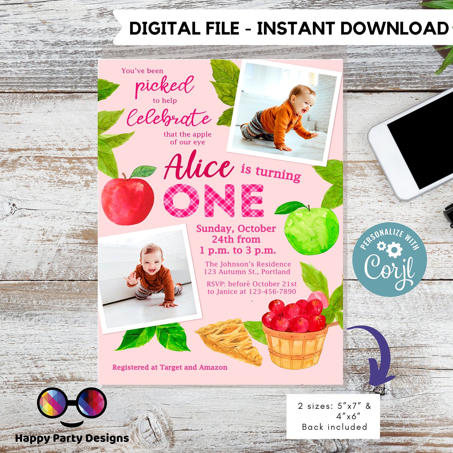 You've been picked  editable invitation | Digital first year printable invite | One year | Apple Invitation | with picture