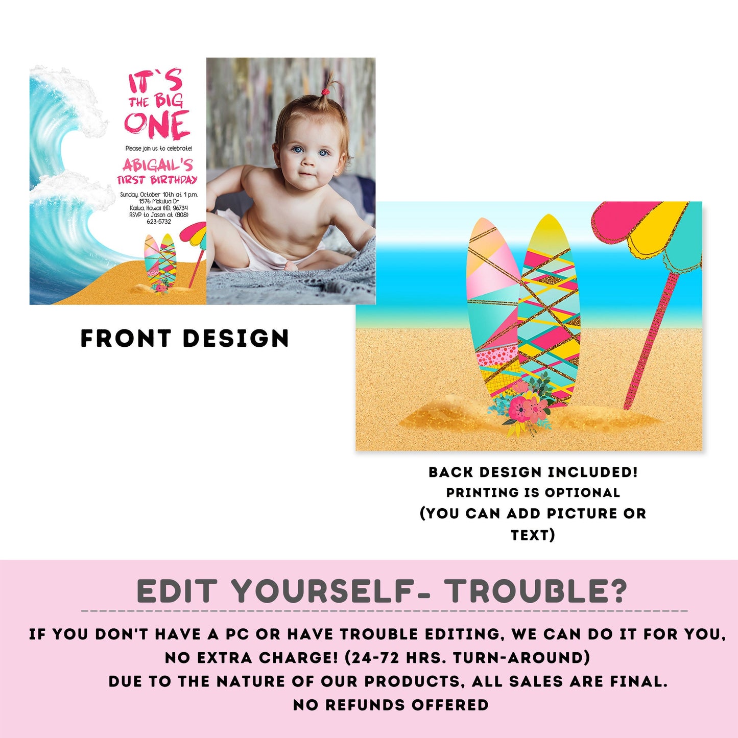 It's the big one Editable Birthday Invitation with picture | First birthday | birthday girl | Birthday invitations | Surf Birthday