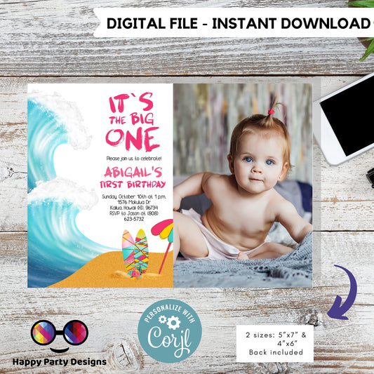 It's the big one Editable Birthday Invitation with picture | First birthday | birthday girl | Birthday invitations | Surf Birthday