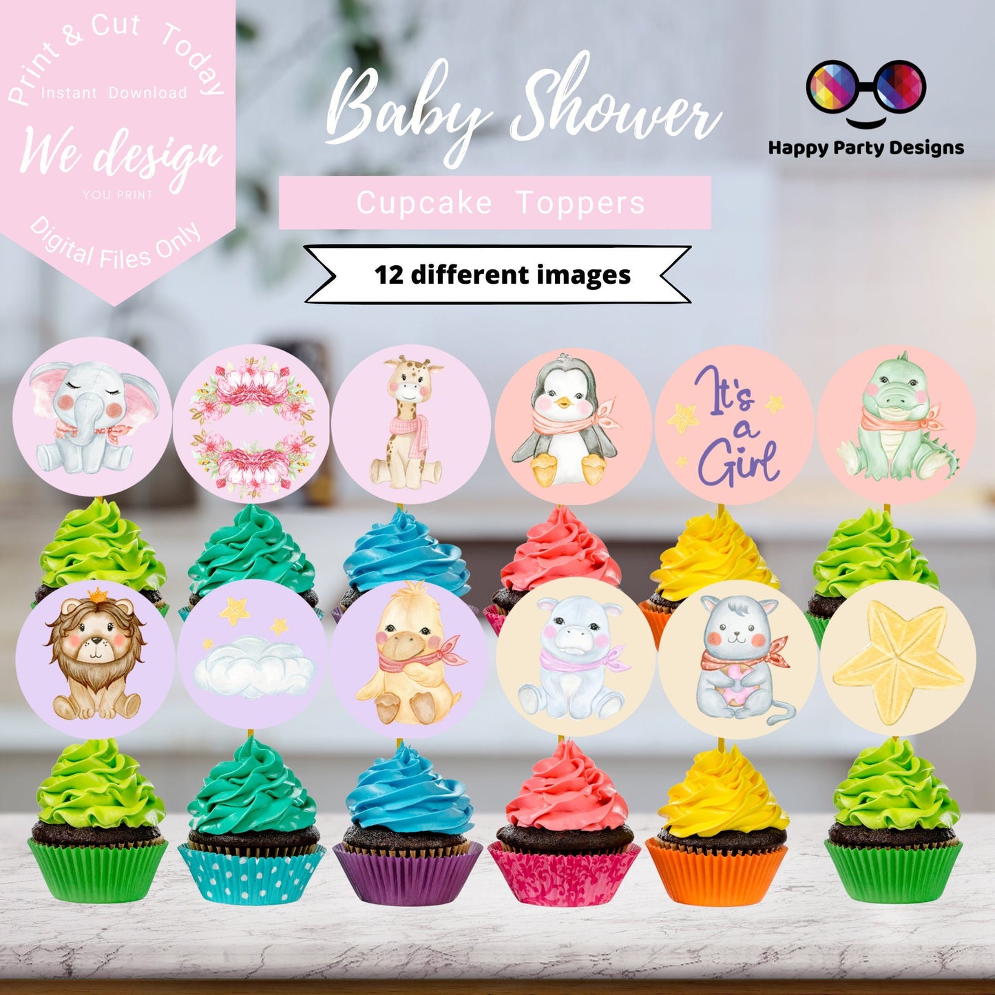 Jungle animals pink Cupcake toppers | Baby Shower | Cupcake Toppers | Instant Download | Digital | Baby Shower Girl | Safari animals pink