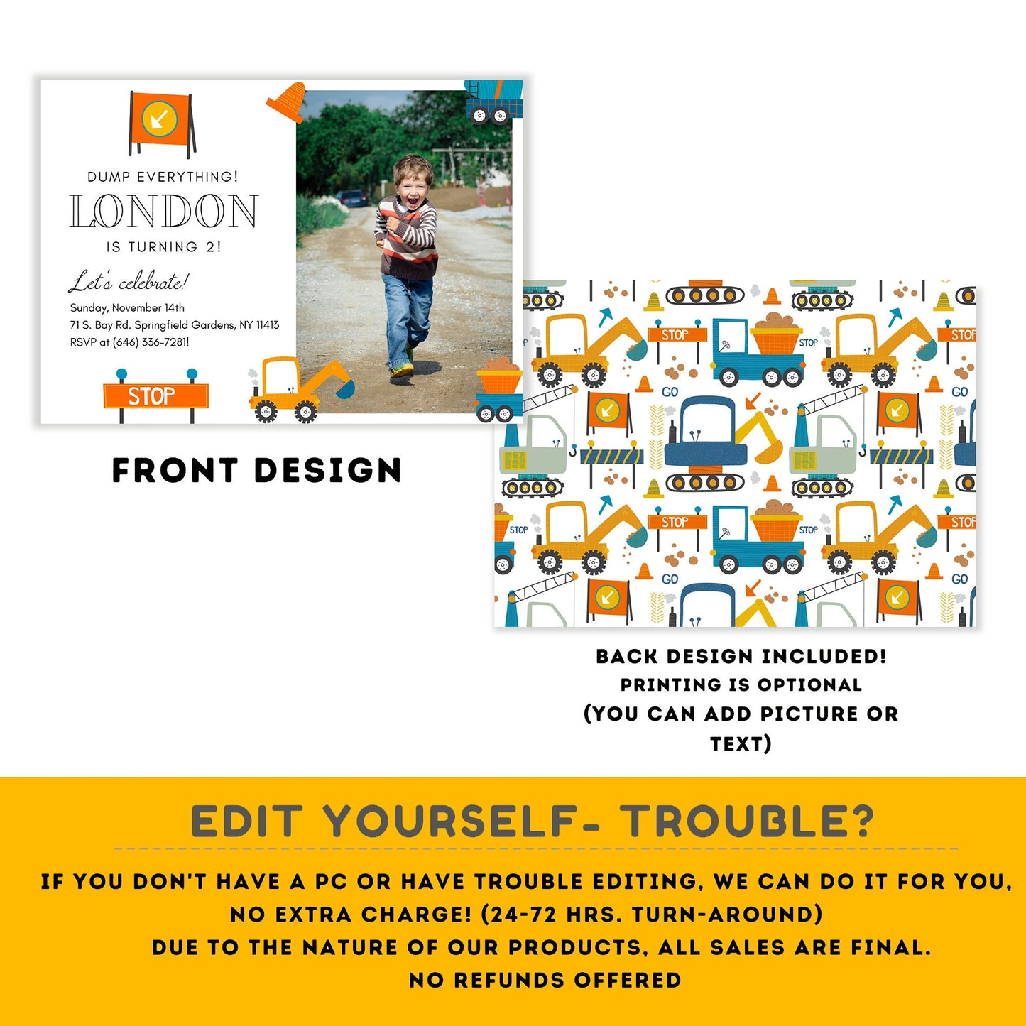 Trucks birthday invitation | Constructions Birthday Invitations | baby boy | Party under Construction Invitation | Edit Yourself