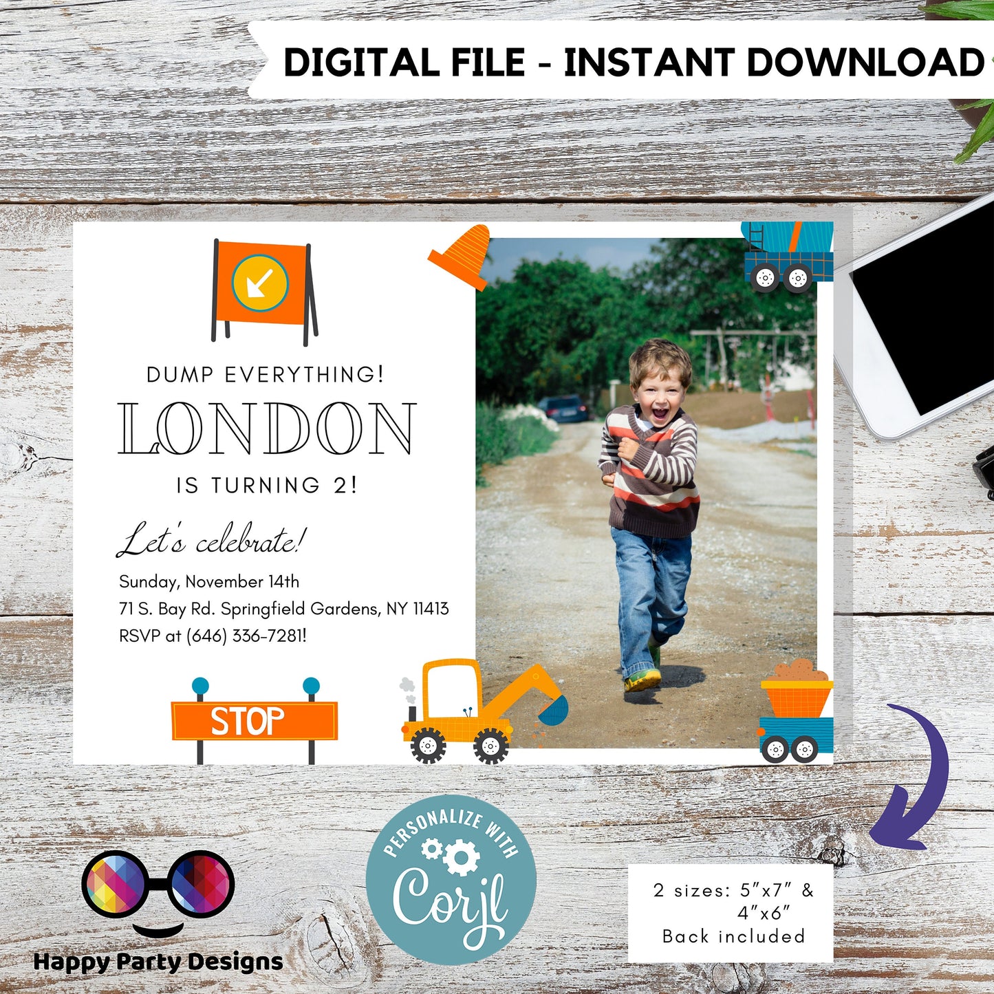 Trucks birthday invitation | Constructions Birthday Invitations | baby boy | Party under Construction Invitation | Edit Yourself
