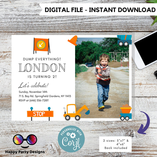 Trucks birthday invitation | Constructions Birthday Invitations | baby boy | Party under Construction Invitation | Edit Yourself