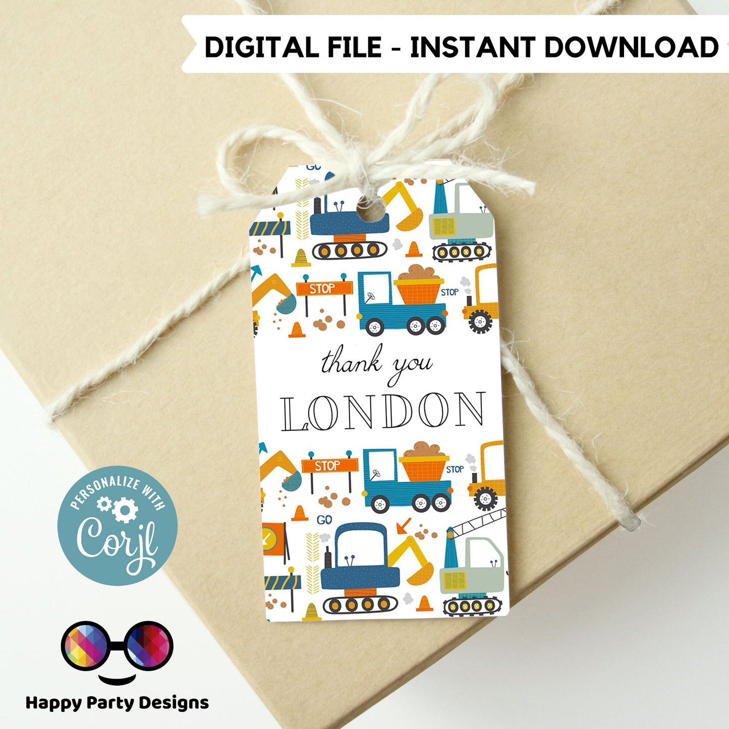 Editable Party Under Construction Thank you tag | Digital Construction thank you tag  | Construction Thank You tag | Personalize Online