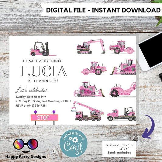 Trucks Birthday Invitations | construction party | baby girl | Party under Construction Invitation | Edit Yourself