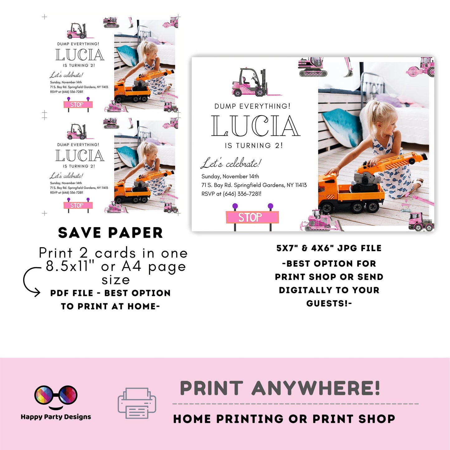 Construction Birthday Invitations | baby girl | Party under Construction Invitation | Edit Yourself & Instant Download with Corjl!
