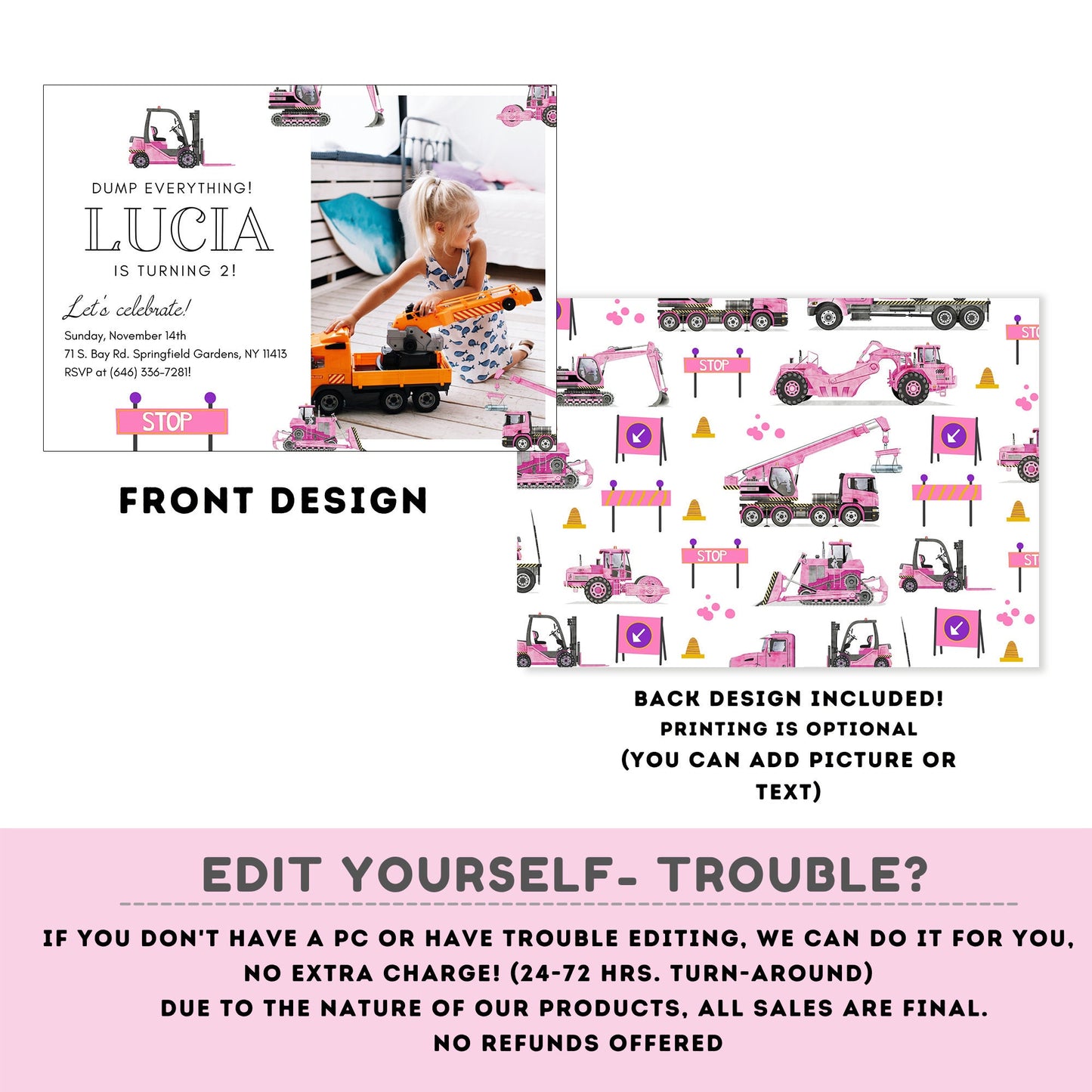 Construction Birthday Invitations | baby girl | Party under Construction Invitation | Edit Yourself & Instant Download with Corjl!