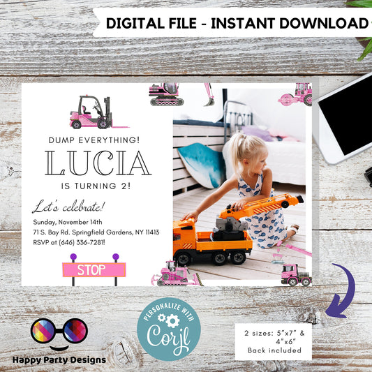 Construction Birthday Invitations | baby girl | Party under Construction Invitation | Edit Yourself & Instant Download with Corjl!