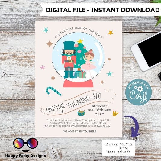 Editable Nutcracker invitation | Digital nutcracker printable invite | Birthday girl | Nutcracker Invite | Snow globe #K71