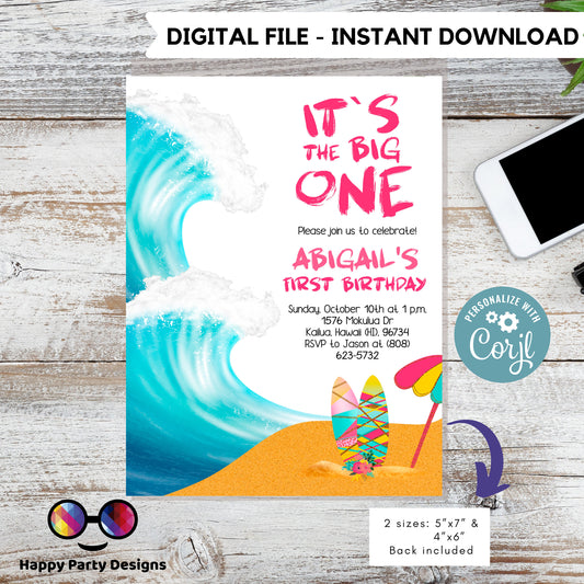 It's the big one Editable Birthday Invitation | First birthday | birthday girl | Birthday invitations | Surf Birthday Invitation | EDITABLE