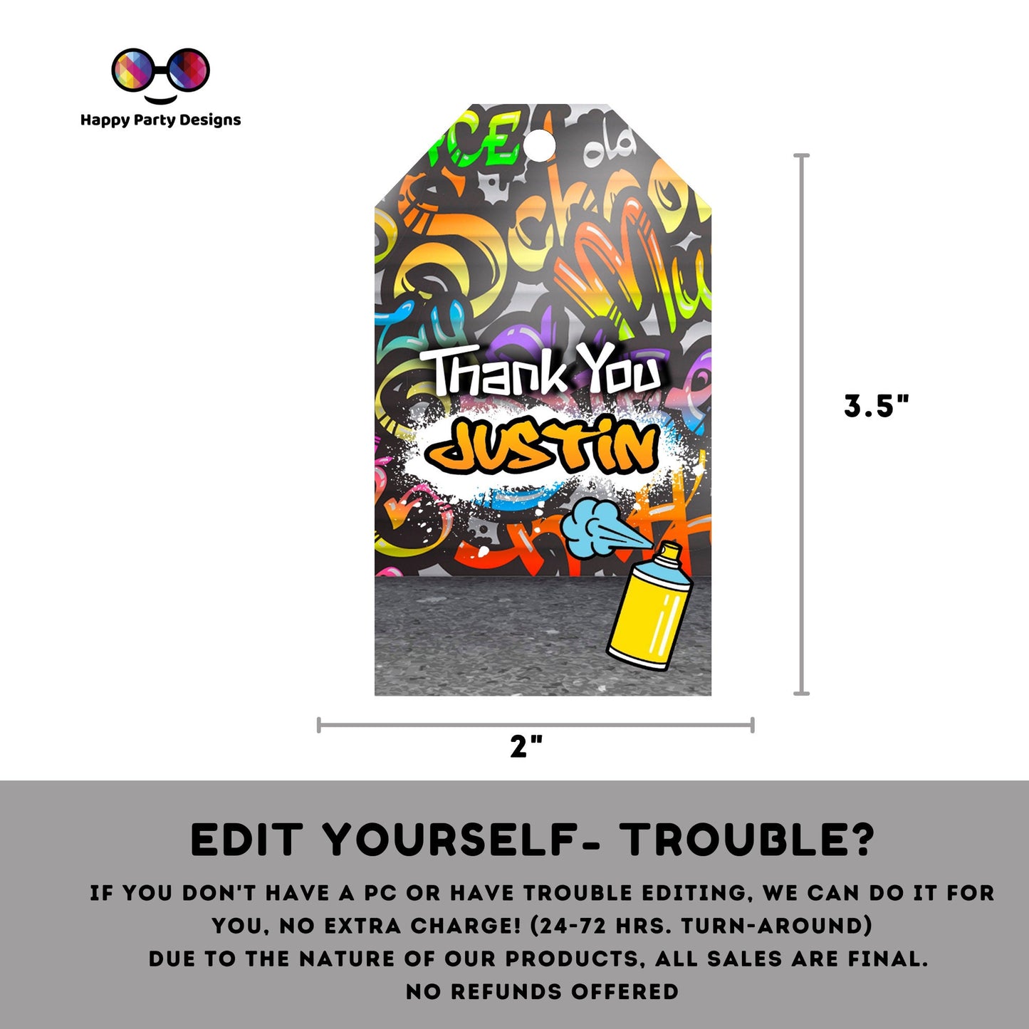 Editable Graffiti Thank you tag | Digital graffiti printable thank you tag  | Birthday boy | Graffiti Thank You tag | Personalize Online #K1