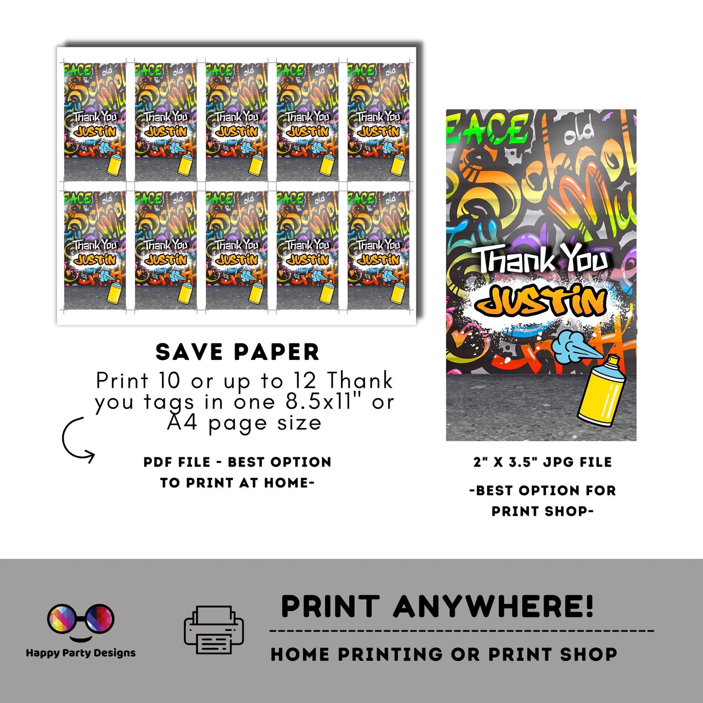Editable Graffiti Thank you tag | Digital graffiti printable thank you tag  | Birthday boy | Graffiti Thank You tag | Personalize Online #K1