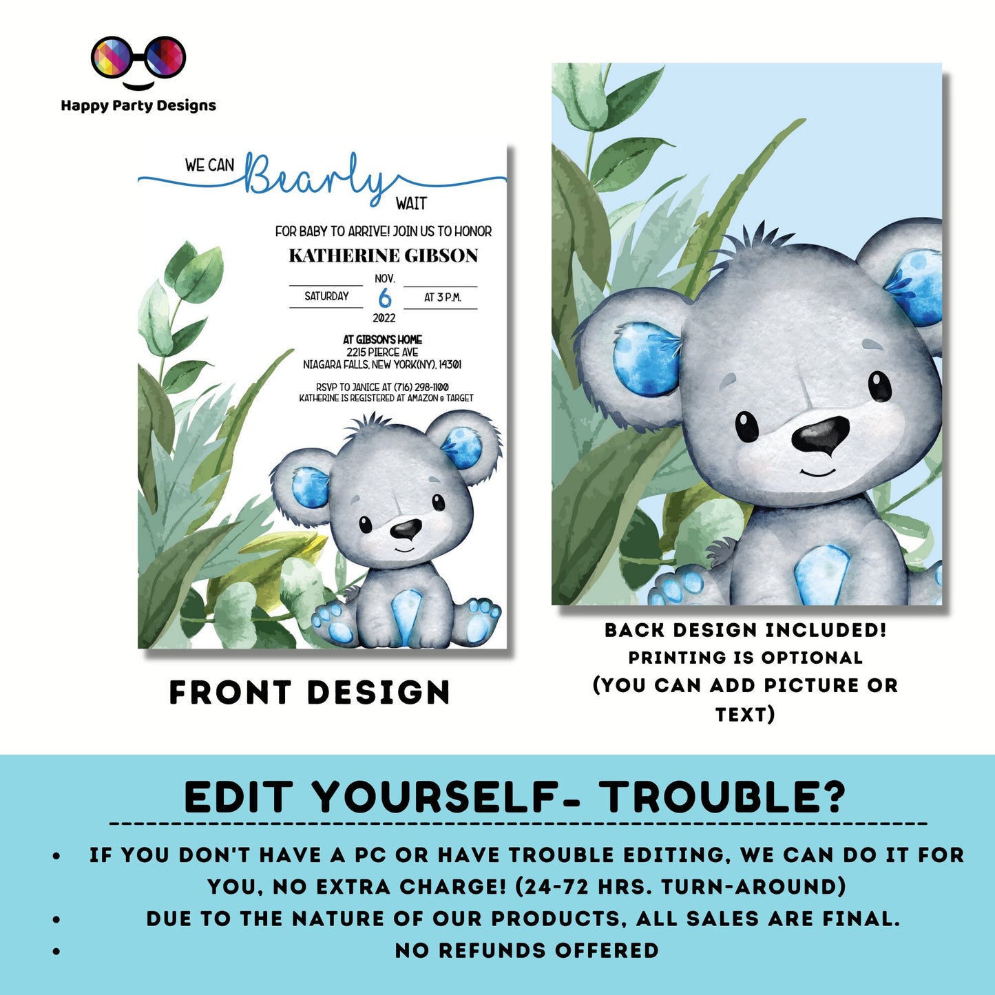 We can bearly wait Baby Shower Invitations | baby boy | watercolor | Cute bear | Edit Yourself & Instant Download with Corjl!