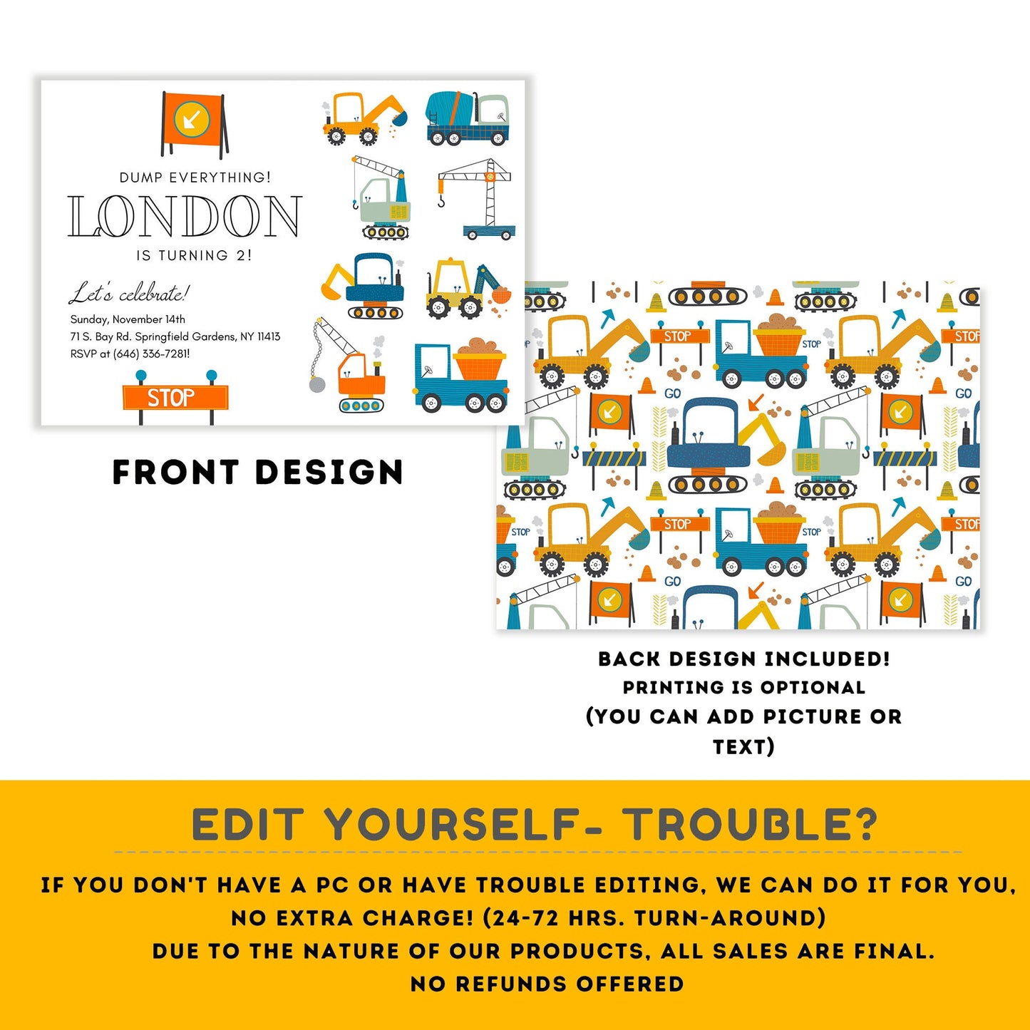 Construction Birthday Invitations | trucks party | baby boy | Party under Construction Invitation | Edit Yourself