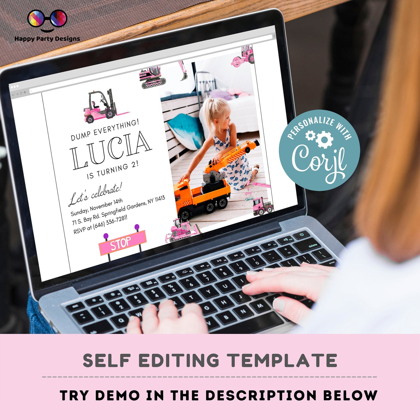Construction Birthday Invitations | baby girl | Party under Construction Invitation | Edit Yourself & Instant Download with Corjl!