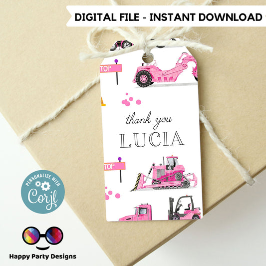 Editable Party Under Construction Thank you tag | pink trucks  | construction thank you tag for girl  | Construction Thank You tag