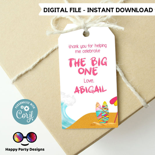 The big one Thank you tag | birthday girl | Digital thank you tag  | First birthday Thank You tag | Surf birthday theme | Personalize Online