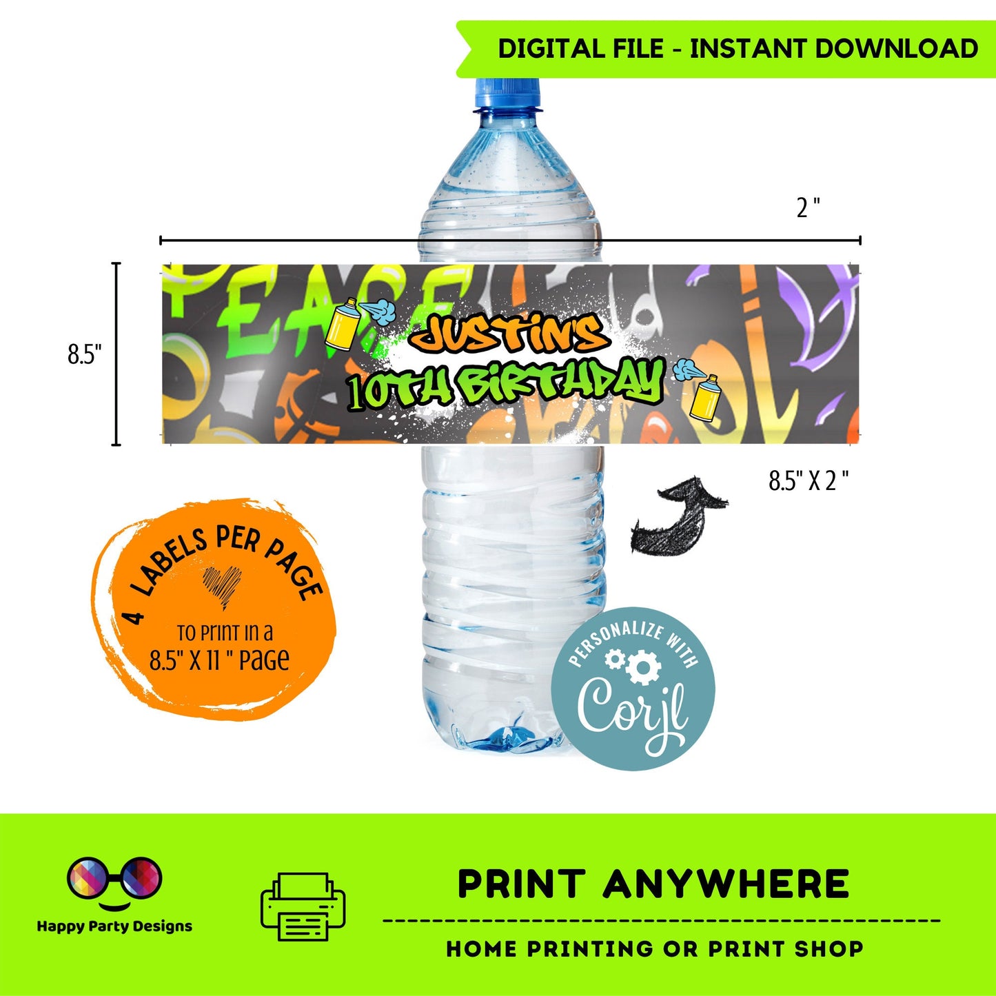 editable Graffiti water bottle labels | digital labels |  printable graffiti labels |  graffiti party |  bottle labels  | Birthday Boy #K1
