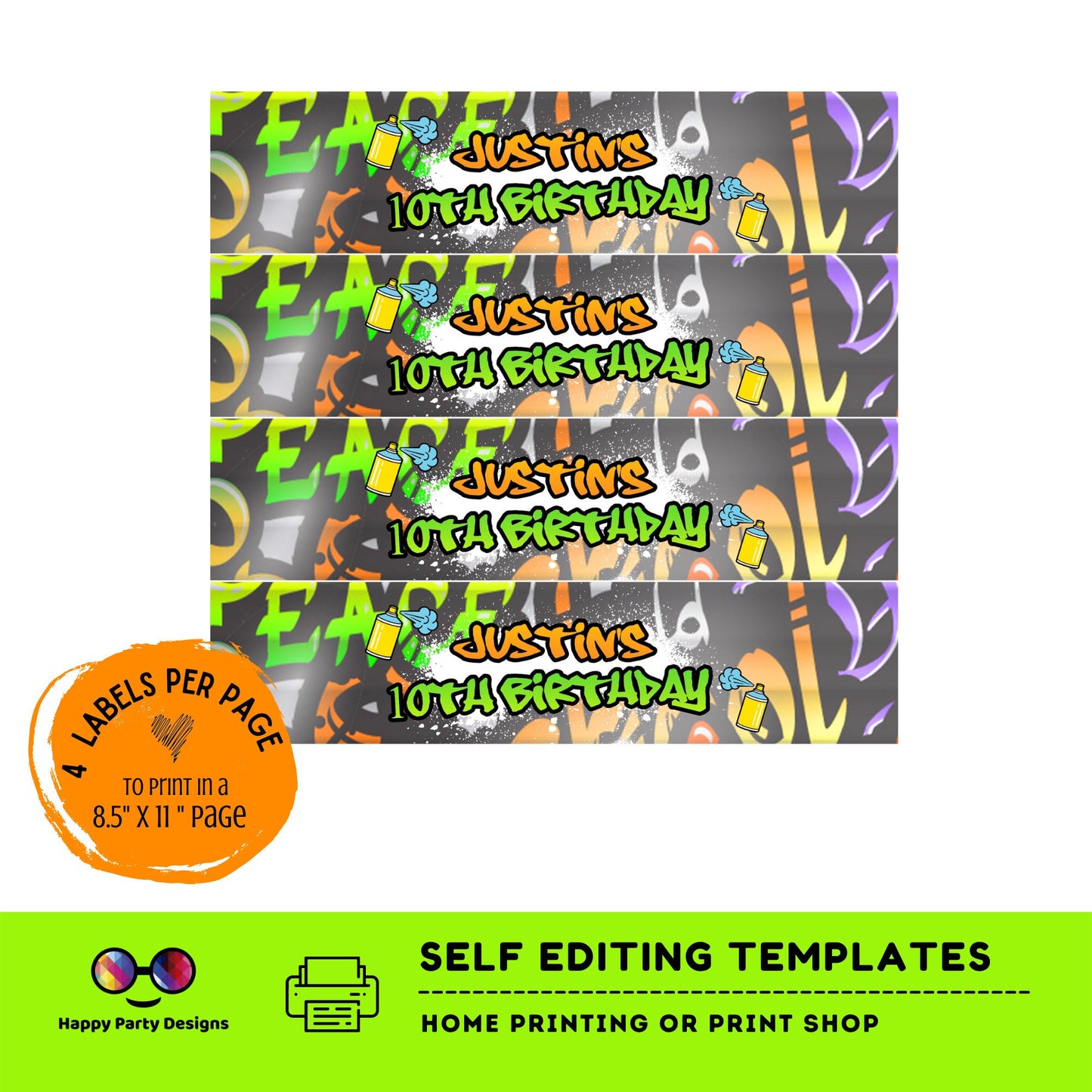 editable Graffiti water bottle labels | digital labels |  printable graffiti labels |  graffiti party |  bottle labels  | Birthday Boy #K1