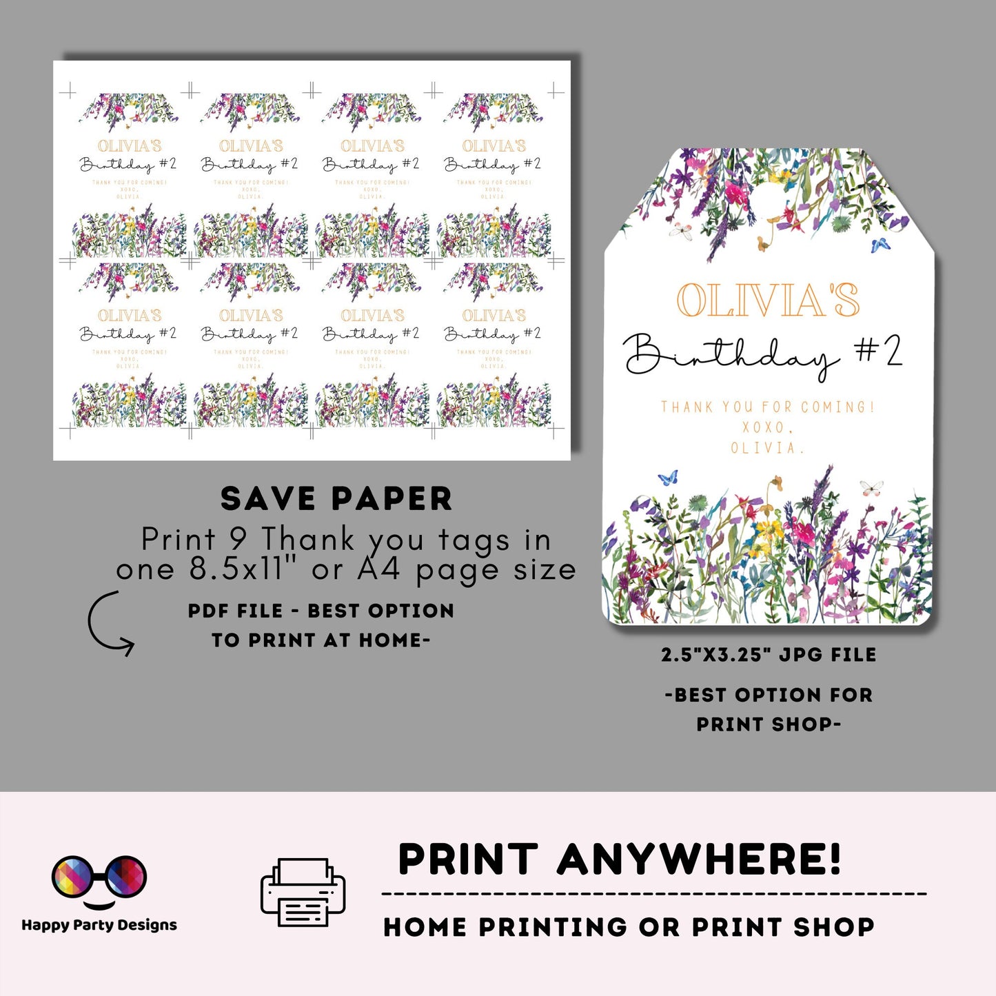 Editable Wildflower Thank you tag | Digital wild flower tag  |  Whimsical Spring Thank You tag | Meadow Birthday Party  #K73